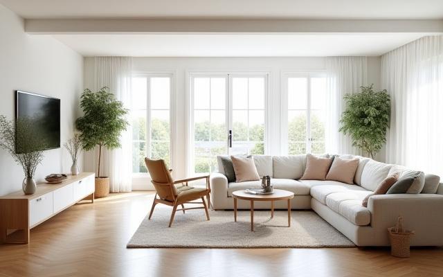 Moderne åpen stue med skandinavisk interiørdesign og naturlig lys